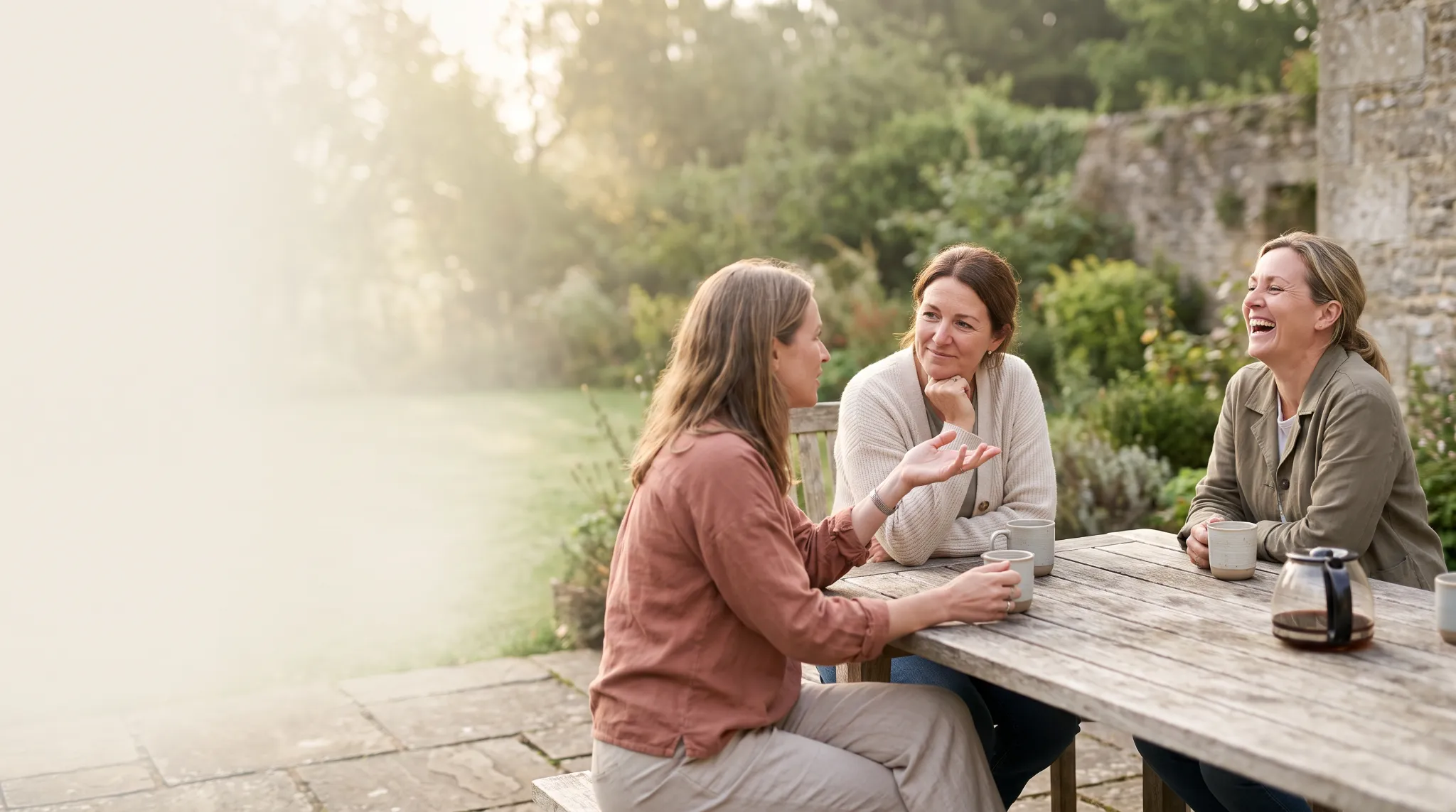 Three women talking and laughing over coffee at a wooden garden table in morning light.